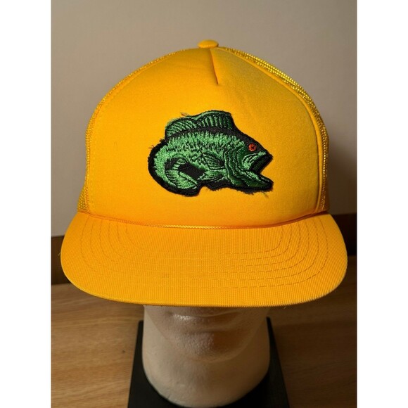 Vintage Yellow Bass Fishing Fish Patch Trucker Mesh Snapback‎ Hat - Picture 1 of 8